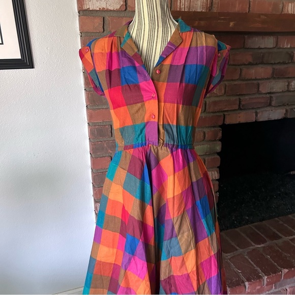 VTG Sandy & Co Rainbow Plaid Fit n’ Flare Midi Dress Sz 9 - Picture 2 of 9